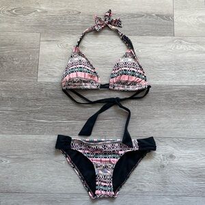 Hurley Bikini Tie Up Double Strap Swimsuit Swimwear Pink Purple Small Medium